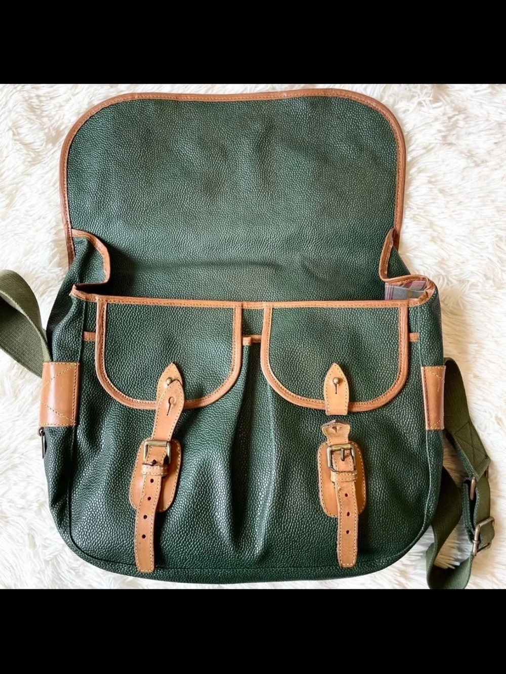 Mulberry Green Leather Messenger Bag with Brown Trim